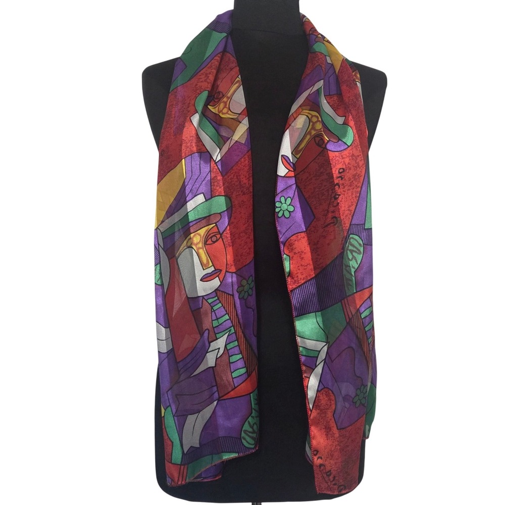 Vintage Picasso Style Abstract Cubist Art Scarf Colorful Face Print Oblong Red